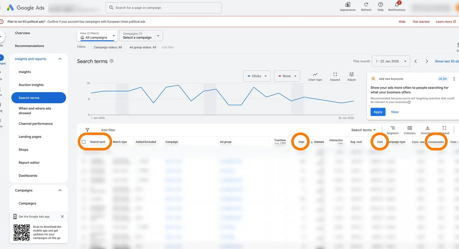Navigate to Search Terms in Google Ads